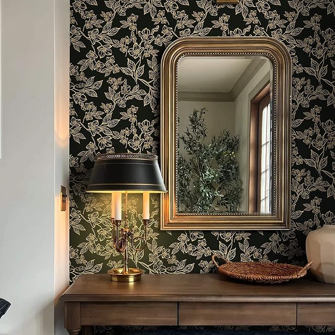 Ismoon Floral Peel and Stick Wallpaper Vintage Black and Gold Contact Paper