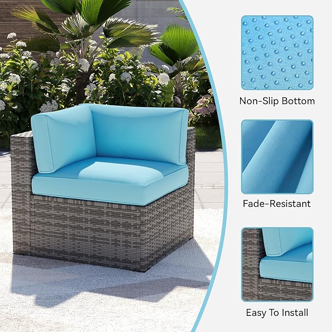 Aoxun 14pcs Patio Cushion Covers Replacement, Waterproof Outdoor Furniture Cushion Covers with Zipper and Non-Slip Bottom, Patio Sofa Couch 3 Sizes for Patio Sectional, Covers Only (Sky Blue)