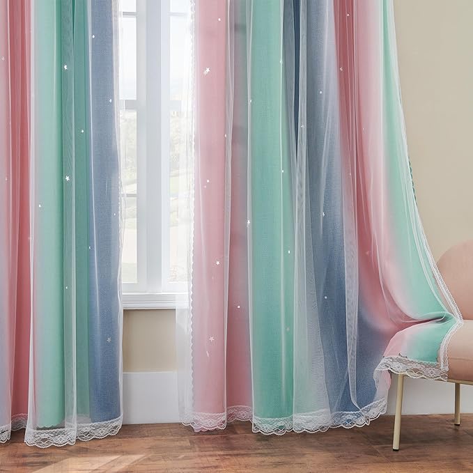 XiDi Curtains for Bedroom Decor, Rainbow Pinkgreen grey34/90