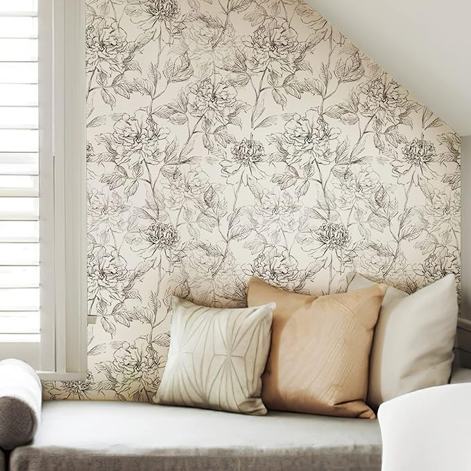 JiffDiff Black and White Floral Wallpaper Peonies Removable Peel and Stick