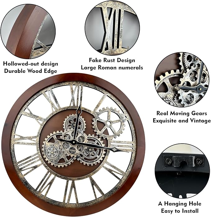 The B-Style Large Wall Clock 24 inch Moving Gear Wall Clock Oversized Vintage