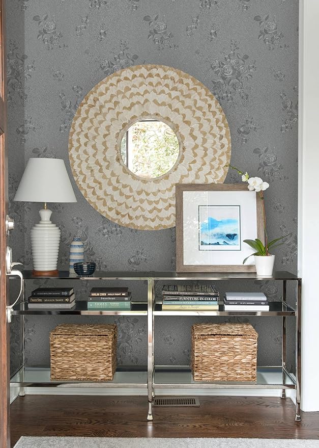 Erfoni 197"x17.7" Gray Peel and Stick Wallpaper Thicken Flower Embossed