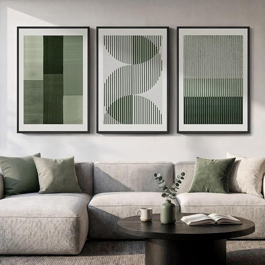 Large Framed Green Abstract Wall Art for Living Room, 3 Piece Modern Canvas Prints Paintings Artwork for Walls, Minimalist Sage Green Geometric Pictures Wall Decor for Hallway Dining Bedroom 24x36 In