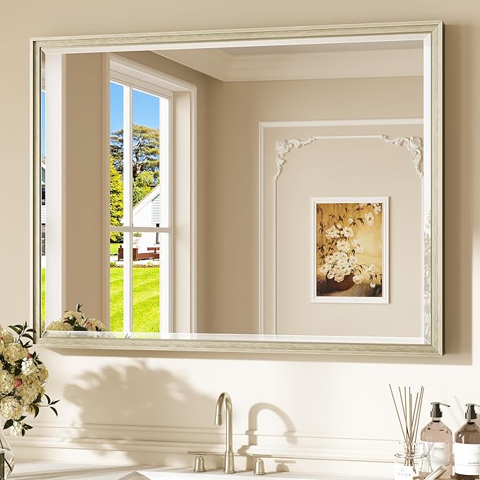 Keonjinn 40" x 30" Brushed Nickel Bathroom Vanity Mirror, Beveled Tempered Glass