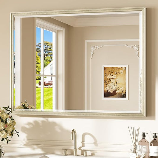 Keonjinn 40" x 30" Brushed Nickel Bathroom Vanity Mirror, Beveled Tempered Glass