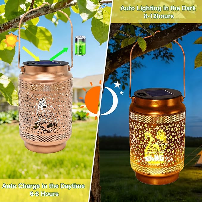 2 Pack Cat Solar Lanterns Outdoor Waterproof Solar Garden Decor, Birthday Gifts for Mothers Day Women Mom Grandma, Metal Hanging Lights with Shepherd Hook for Outside Yard Patio Pathway Backyard