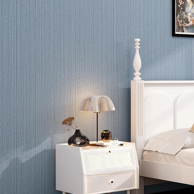 FUKU MON Grasscloth Fabric Wallpaper 24" X 394" Blue Gray Textured Thick Linen