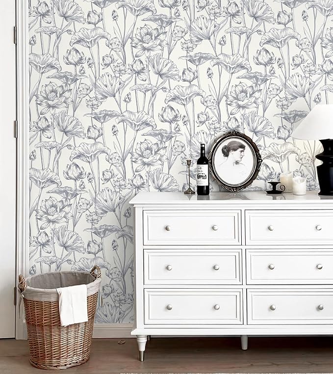 Timeet Floral Peel and Stick Wallpaper 16" x 197" White and Purple Wallpaper