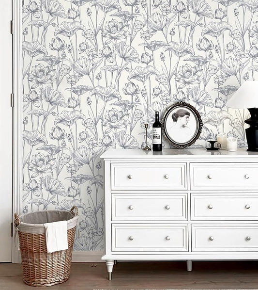 Timeet Floral Peel and Stick Wallpaper 16" x 197" White and Purple Wallpaper