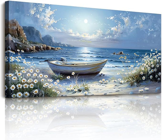 SERIMINO Beach Wall Art, Large Wall Decor, Boat Wall Art, Blue Ocean Landscape Prints, Seaside Daisy Wildflowers Pictures for Living Room Bedroom Bathroom Kitchen Office House Decorations 20"x40"