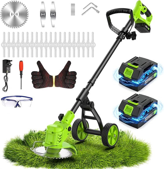 Weed Wacker Cordless with Wheel, 4 in 1 Electric Weed Eater Battery Powered Brush Cutter String Trimmer Edger, 4000mAh Stringless Weed Trimmer Lightweight Grass Trimmer Mower, 2 Battery and Charegr