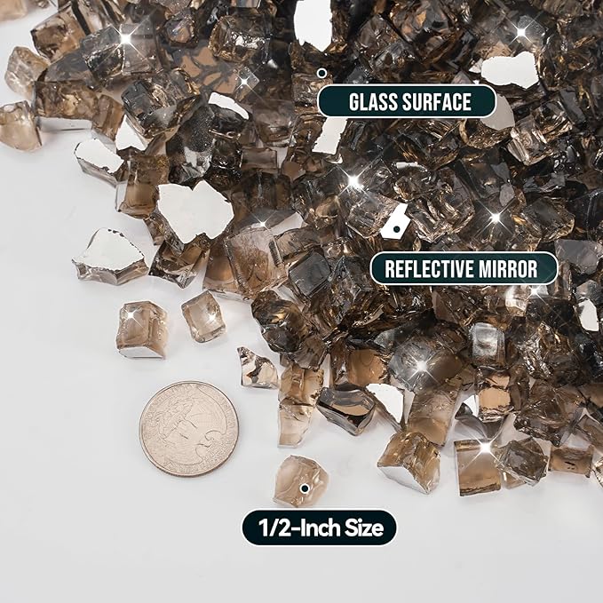 Skyflame High Luster 10-Pound Fire Glass for Fire Pit Fireplace Landscaping, 1/2-Inch Bronze Reflective Reflective