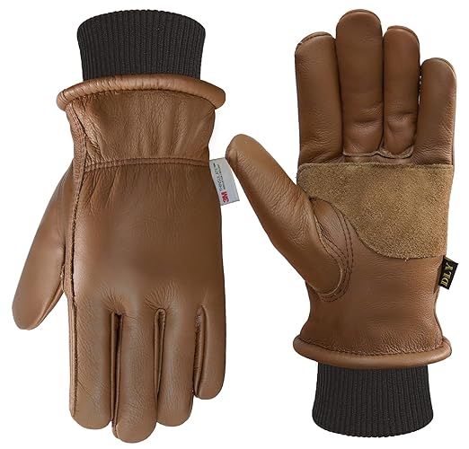 DLY Winter Work Gloves for Men, Insulated, Puncture and Abrasion Resistant, Cowhide Leather with Warm Thinsulate Lining for Cold Weather, Medium, Brown, New