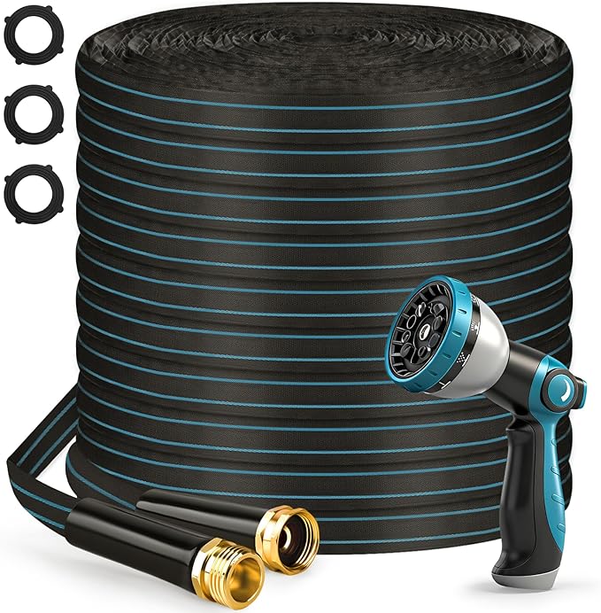 Halfjuly Garden Hose 75FT, Flat Non-Expandable Lightweight Water Hose, Durable Flexible Heavy Duty No Kink Design with 3/4" Fittings, 10 Way Spray Nozzle for Outdoor Yard Lawn