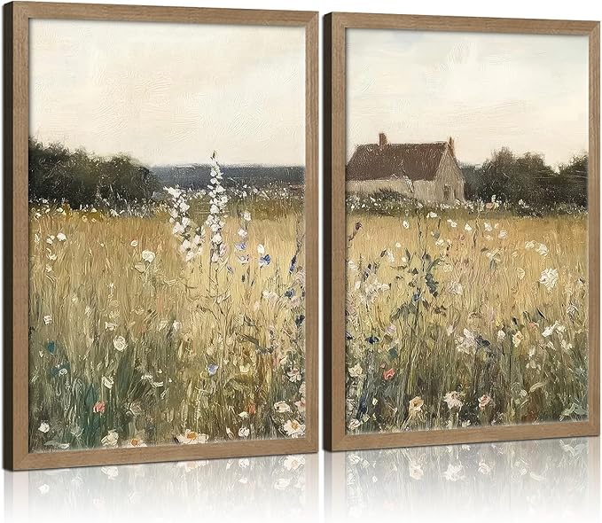 Two Framed Canvas Vintage Wildflower Wall Decor Country House and Wildflower Print Natural Botanical Landscape Wall Decor for Farmhouse Living Room or Bedroom 12x16 Inch