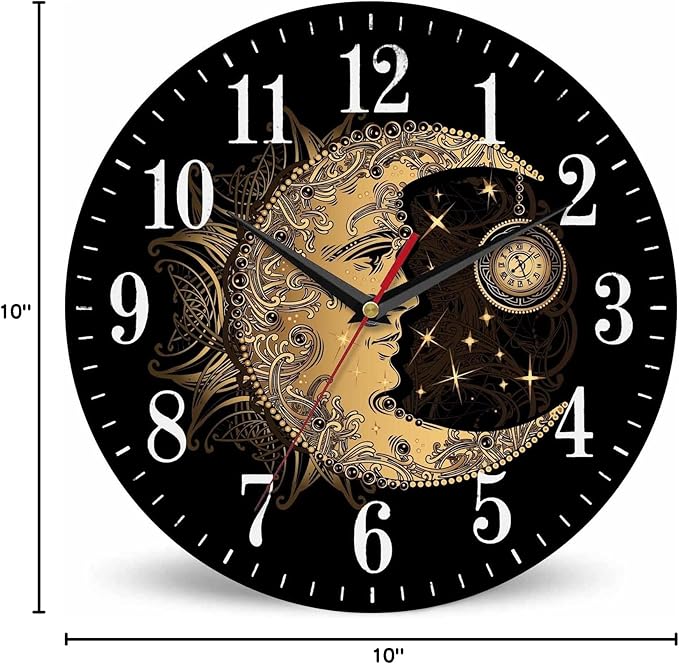 Mxocom Crescent Moon Wall Clock Boho Chic Golden Sun Ethnic Retro Night Black