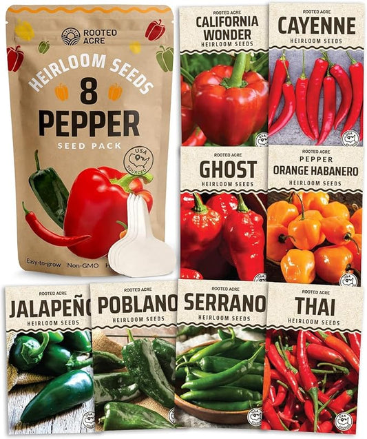 Rooted Acre 8 Varieties Hot Peppers â 240 Heirloom Seeds, High Germination â Includes Ghost JalapeÃ±o, Serrano, California Wonder & More â Spicy Pepper Garden Mix
