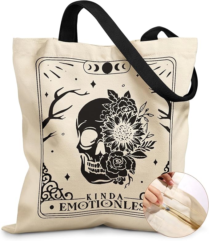 Miss Adola Canvas Tote Bag for Women â Aesthetic Canvas Bag with Zipper Cute Stylish Reusable Shoulder Totes for Shopping Work Daily Vacation, Skull Flower