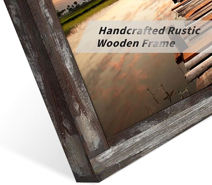 Hardy Gallery Sunset Landscape Painting: Boardwalk Stair to Heavy Sunset Lake Picture Print on Rustic Wood Wall Art Framed (12” x 12”)