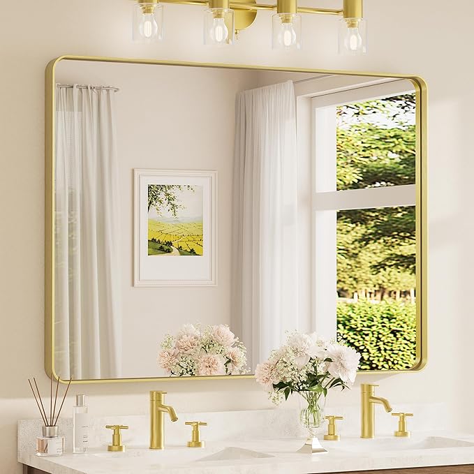TETOTE 48 x 36 Inch Gold Bathroom Mirror, Champagne Gold Brushed Metal Framed