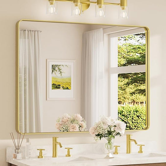 TETOTE 48 x 36 Inch Gold Bathroom Mirror, Champagne Gold Brushed Metal Framed