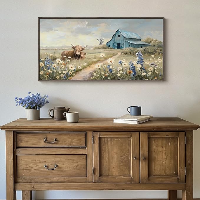 Framed Large Barn Farmhouse Canvas Wall Art for Living Room, Highland Cow Windmill Wildflower Pictures Wall Art Decor for Bedroom Vintage Landscape Floral Painting Artwork Prints for Living Room 24x48