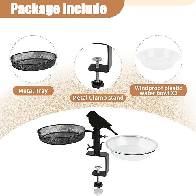 Bird Feeder 3 Inch Clamp for Deck Railings - Heavy Duty Adjustable Clamp with Metal Tray & 2 Detachable Bowls, All-in-One Backyard Gift to Attract Cardinals, Finches to Balcony, Porch, Patio