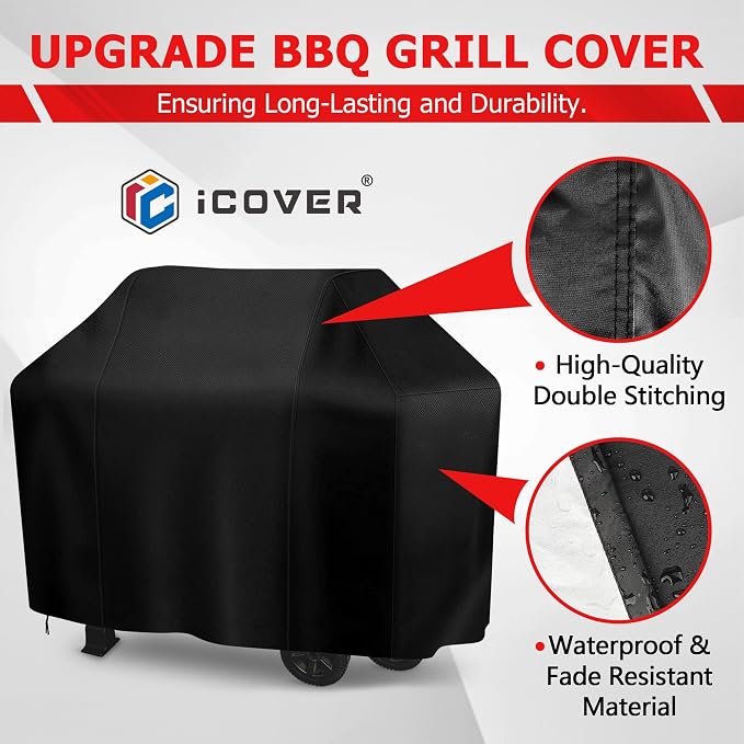iCOVER Grill Cover, 60 inch BBQ Grill Cover for Outdoor Grill, Anti-UV & Fade Resistant Gas Grill Cover, Waterproof Barbecue Grill Covers for Weber, Char-Broil, Nexgrill and More, Black