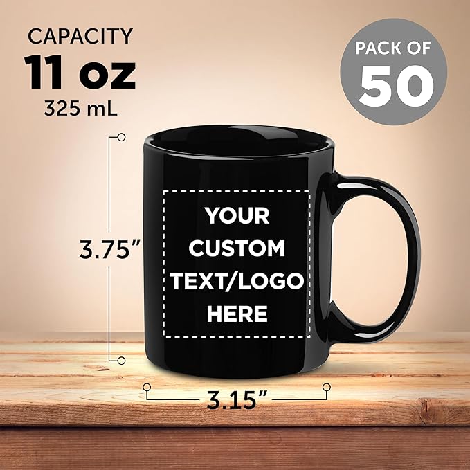 Custom Ceramic Coffee Mugs 11 oz. Set of 50, Personalized Bulk Pack - Coffee cup set, Iced coffee cup, Gaming mug - Black