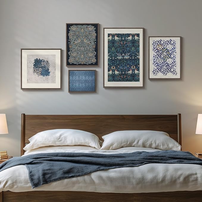 Framed William Morris Wall Art for Living Room, 5 Piece Large Vintage Blue