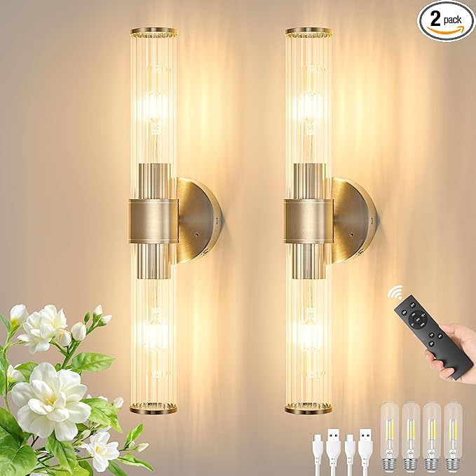 Morauroral Sand Nickel Battery Operated Wall Sconces Set of Two, Rechargeable