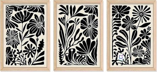 YWJKWLGS Abstract Floral Wall Art Set of 3, 11x16 Inch Black Boho Flower Prints