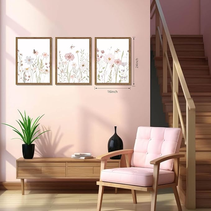 Framed Wildflower Wall Art Set of 3, Vintage Flower Botanical Paintings