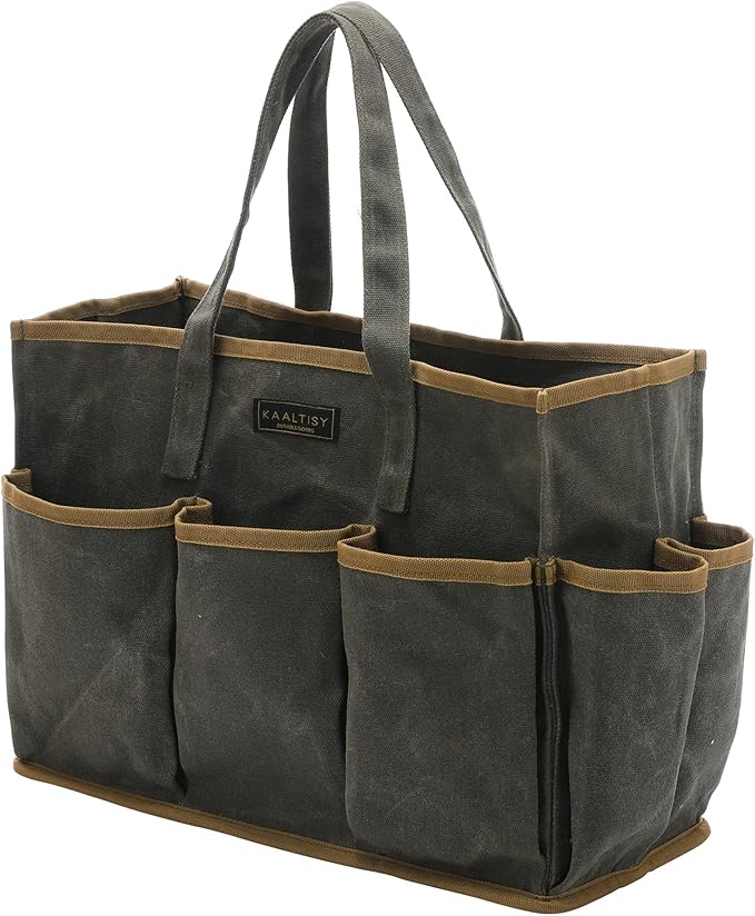 Tool Tote Bag, Heavy Duty 16oz Waxed Canvas Garden Tool Bag | Portable 11-Pocket Tool Storage Bag for Gardener Electrician Contractor Repairman (14"L x 5.5"W x 10.5"H) â Army Green