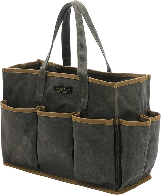 Tool Tote Bag, Heavy Duty 16oz Waxed Canvas Garden Tool Bag | Portable 11-Pocket Tool Storage Bag for Gardener Electrician Contractor Repairman (14"L x 5.5"W x 10.5"H) â Army Green