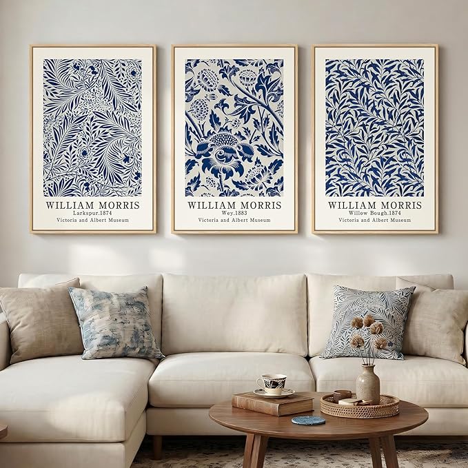 Large Framed Blue William Morris Wall Art Set of 3, Vintage Botanical Floral