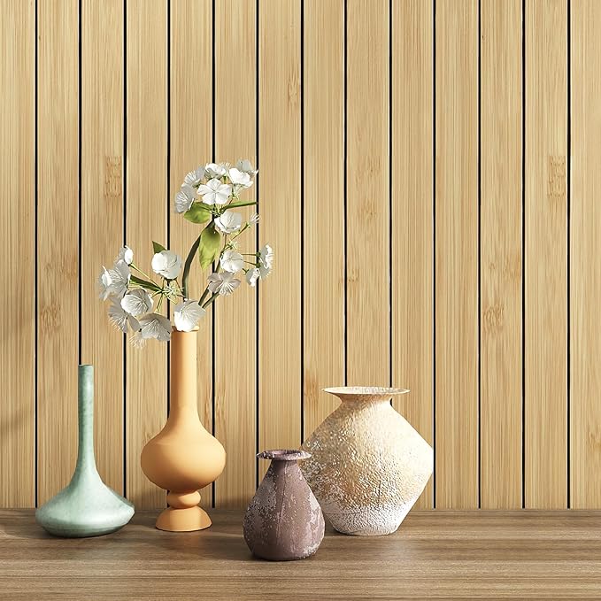 VEELIKE Natural Bamboo Slat Wall Panels Peel and Stick 3D Textured Wood Grain