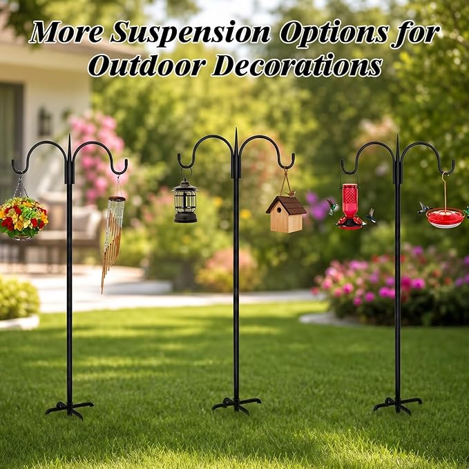 FEED GARDEN Heavy Duty Shepherds Hook 63" Double Hooks Adjustable (47/63") - Alloy Steel 5-Prong Base, 12lb Capacity - Easy Assembly Bird Feeder Pole for Hanging Planters, Lanterns, Wind Chimes