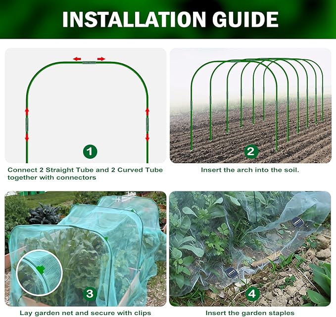 Garden Mesh Netting Kit, 10x30FT Green Ultra Fine Netting with 6 Sets Wide Garden Hoops & 18 Clips, Raised Garden Bed Netting with Frame, Row Cover, Plant Barrier for Vegetables Fruits