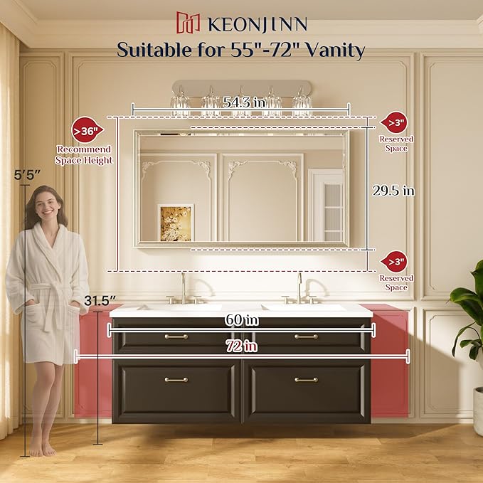 Keonjinn 55" x 30" Black Bathroom Vanity Mirror, Beveled Edge Tempered Glass
