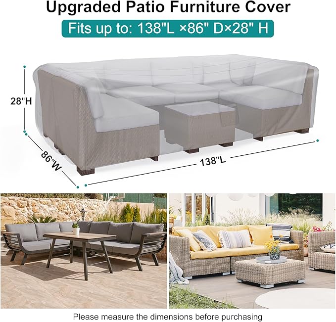 Patio Furniture Set Cover Waterproof, Heavy Duty Furniture Covers for Outdoor Sectional Sofa Set Wicker Rattan Table Chair Rectangular,138"L×86"W×28"H,Grey