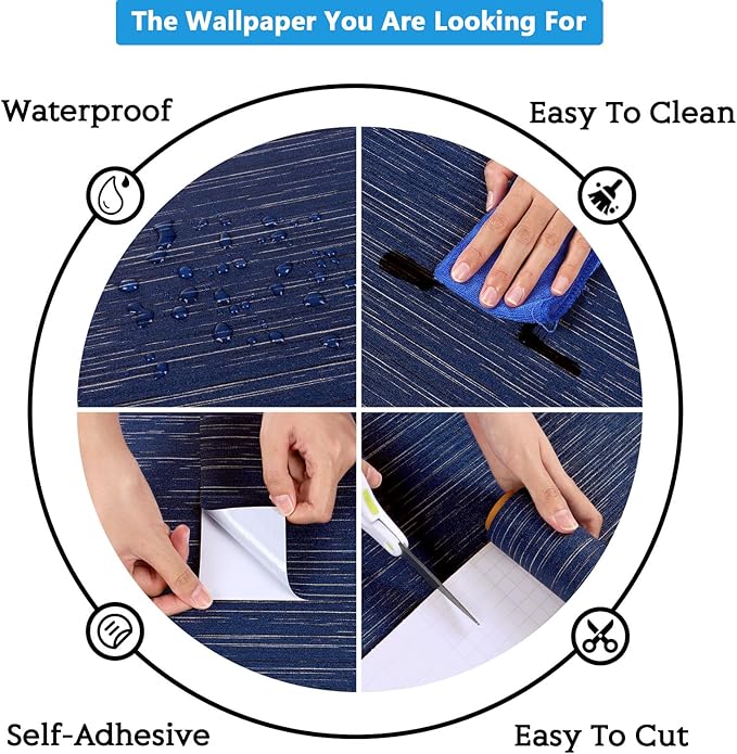 CRE8TIVE Wide Dark Blue Grasscloth Peel and Stick Wallpaper