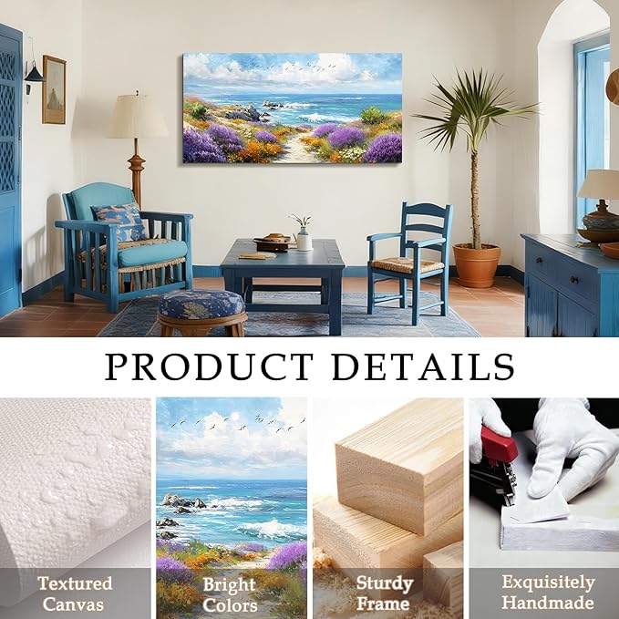 SERIMINO Coastal Wall Art, Oversized Wall Art, Beach Wall Decor, Blue Ocean Landscape Prints, Seashore Floral Large Pictures, Tropical Paintings for Living Room Office Bedroom Dining Room 29"x57"