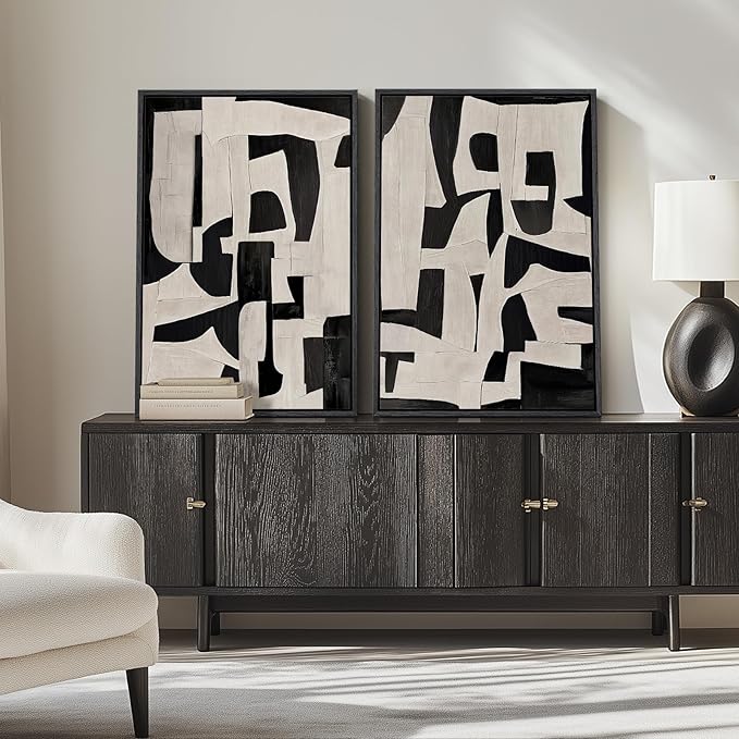 Large Framed Black and White Abstract Wall Art