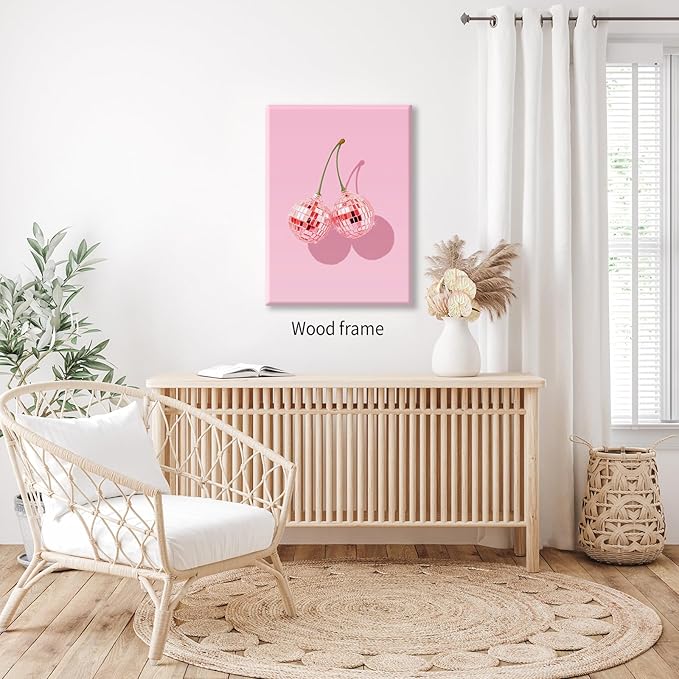 Funky Pink Cherry Poster Retro Disco Ball Canvas Wall Art 24X36 inch Framed