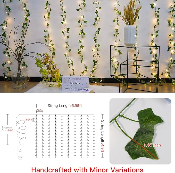 suddus Vines with Lights for Bedroom, 150 LED Fairy Lights with Vines, Ivy