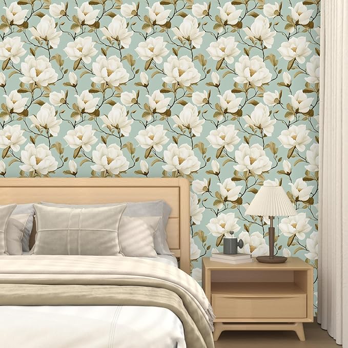 Modern Green White Flowers Wallpaper Blue Floral Peel and Stick Contact Paper