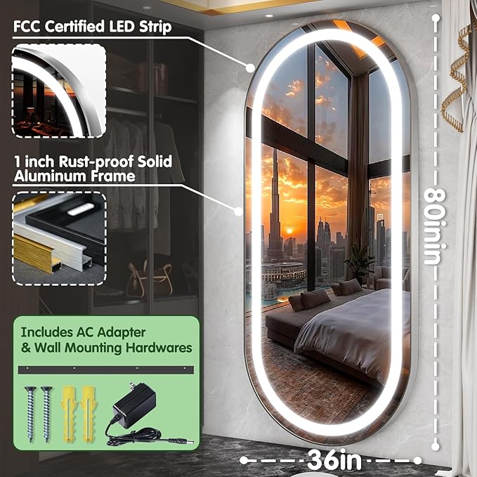 FENNIO Full Length Mirror with Lights, Wall Mounted Hanging Mirror with Lights
