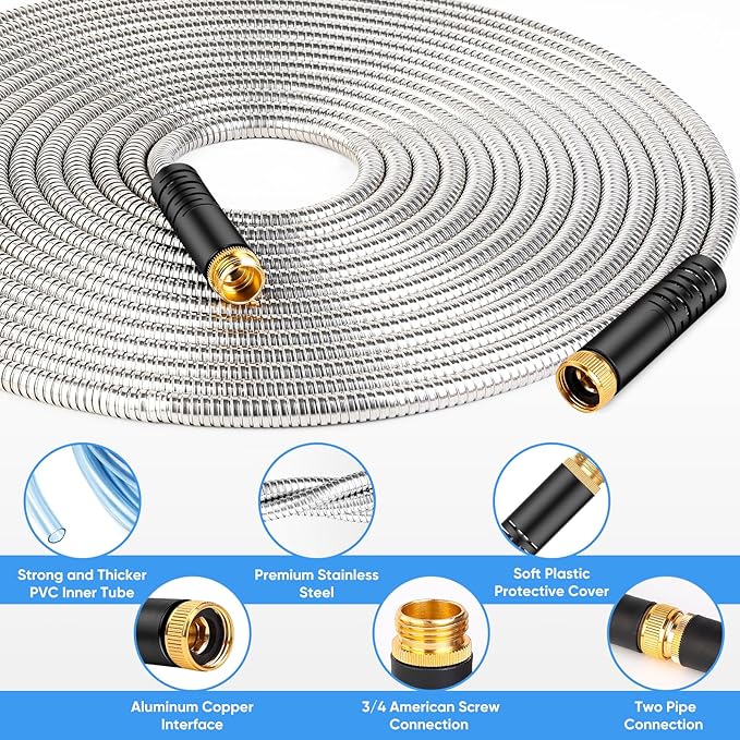 Itsonestep Garden Hose 100 FT, Metal Stainless Steel Water Hose with 10 Function Nozzles, No Kinks, Flexible Hose, Lightweight, Puncture Proof, Heavy Duty Hose for Yard and Outdoor, Silver