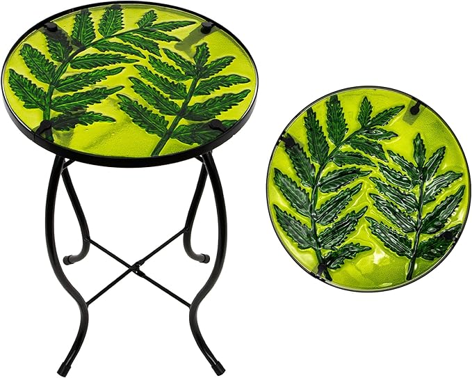 Subtropical Leaf Small Patio Table,Outdoor Side Table,Outdoor Bar Table,Metal Glass End Table for Porch Garden Yard Pool Living Room Valentine Decorï¼10 Inch Side, Valentine Decorations Gift